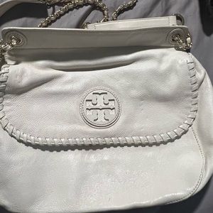 Tory Burch white leather shoulder bag with silver hardware